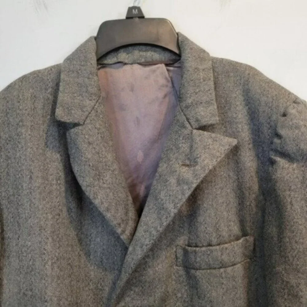 Vintage Jonathan Scott Empire Mens Button Front Wool Long Coat Herringbone Gray